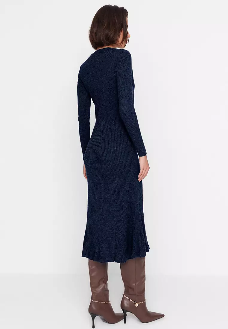 Navy Blue Midi Knitwear Crew Neck Dress