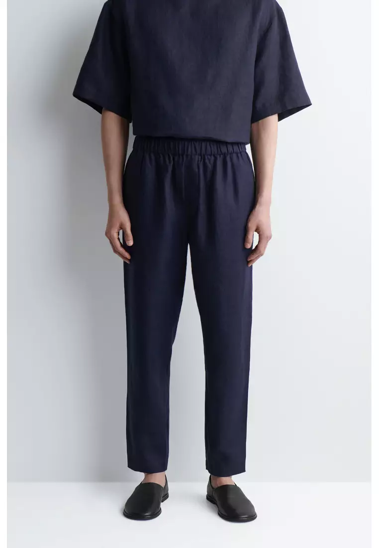ELASTICATED LINEN REGULAR-FIT TAPERED TROUSERS