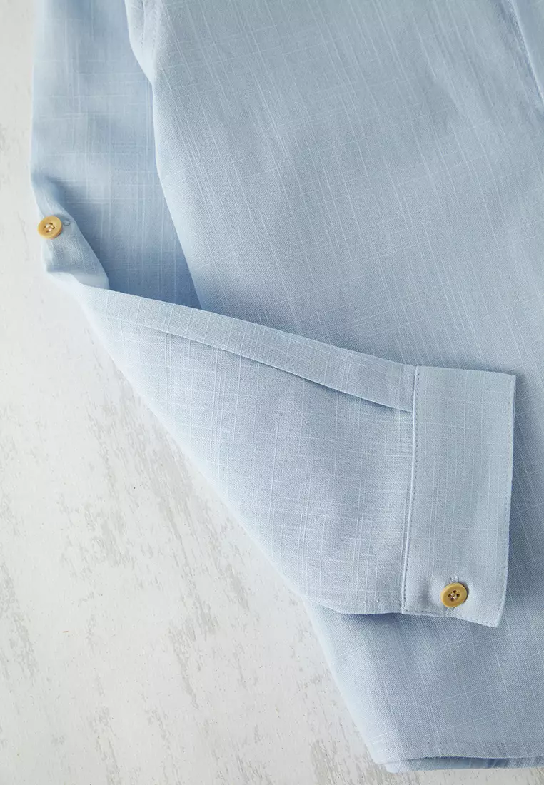 Baby Blue Elastic Waist High Neck Shirt Woven Pants Boys' Top and Bottom Set Tkdss25Au00044