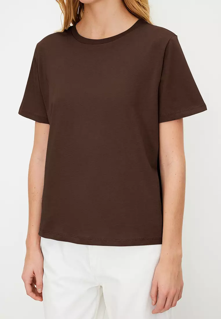 Brown 100% Cotton Basic Crew Neck Knitted T-Shirt TWOSS23TS00000