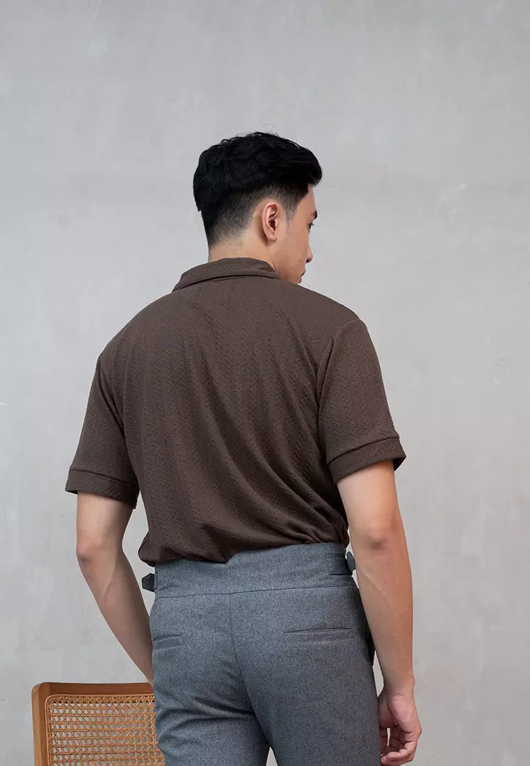 Houseofcuff Polo Shirt Rajut Stretch Lengan Pendek Pria Coklat Taupe