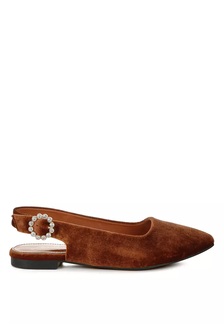 Discount on London Rag  shoes - SKU: Velvet Slingback Flat Sandals in Brown