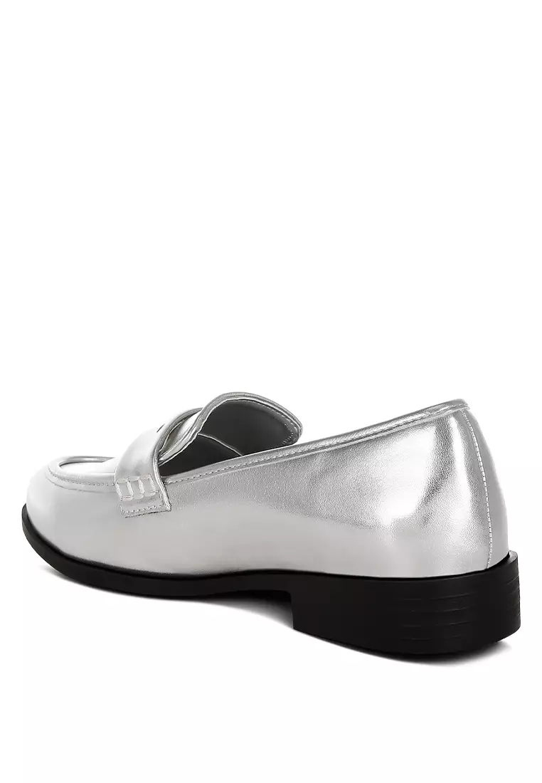 Metallic Faux Leather Flat Loafers in Silver