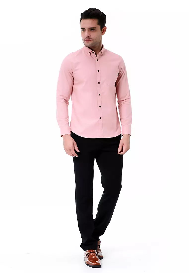Leopold Kemeja Basic Pria Motif Polos Long Sleeve Material Cotton ORIGINAL - Pink