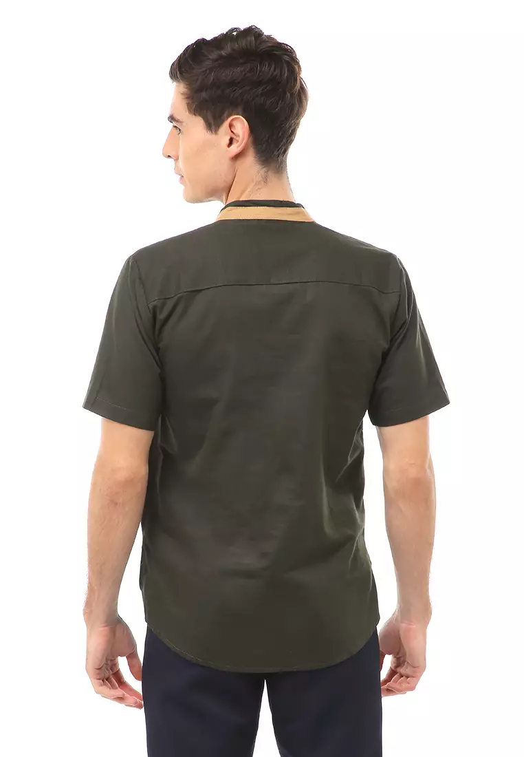 Dwan Atasan Formal Pria Kemeja Koko Motif List Kancing Short Sleeve Material Cotton ORIGINAL - Army Green