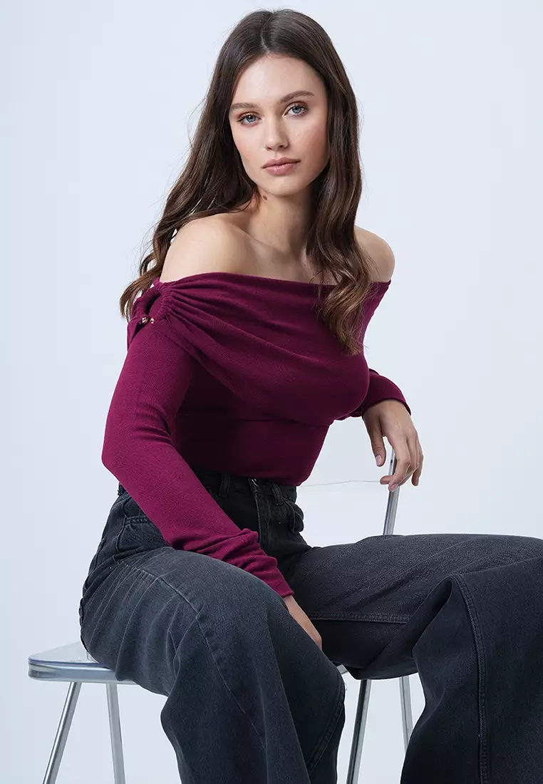 Madonna Collar Shoulder Accessory Detailed Knitted Top