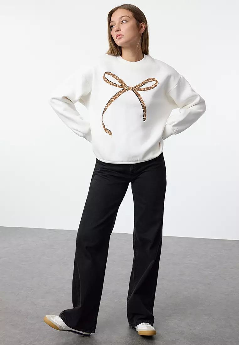 Ecru Oversize Fleece Knitted Sweatshirt Crew Neck