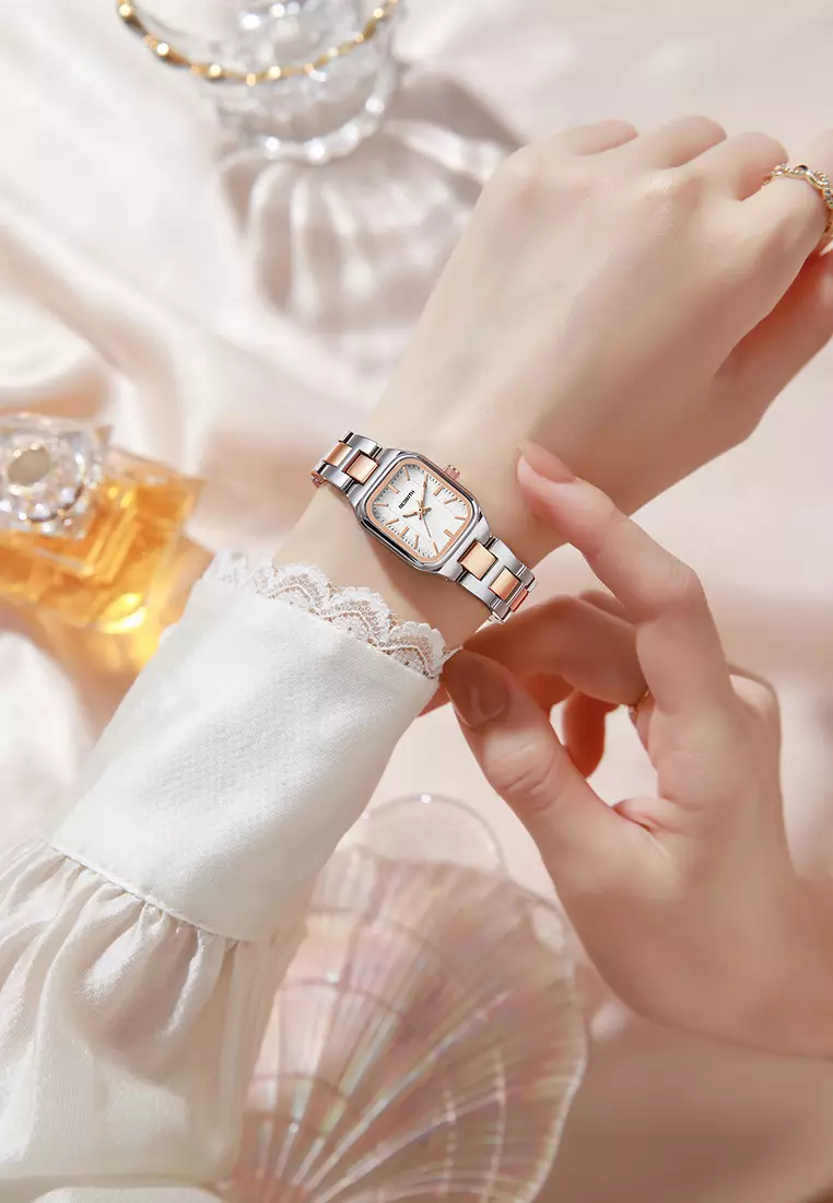 Jam Tangan Wanita Original Korea Fashion Anti Air Tali Stainless Steel Jam Tangan Cewek gold white