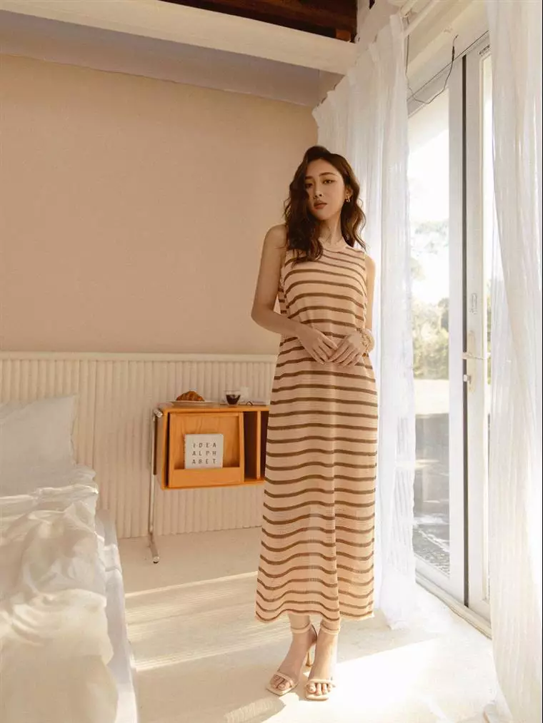 Hollow-Out Knitted Sheer Striped Sleeveless Maxi Dress [FA2745]