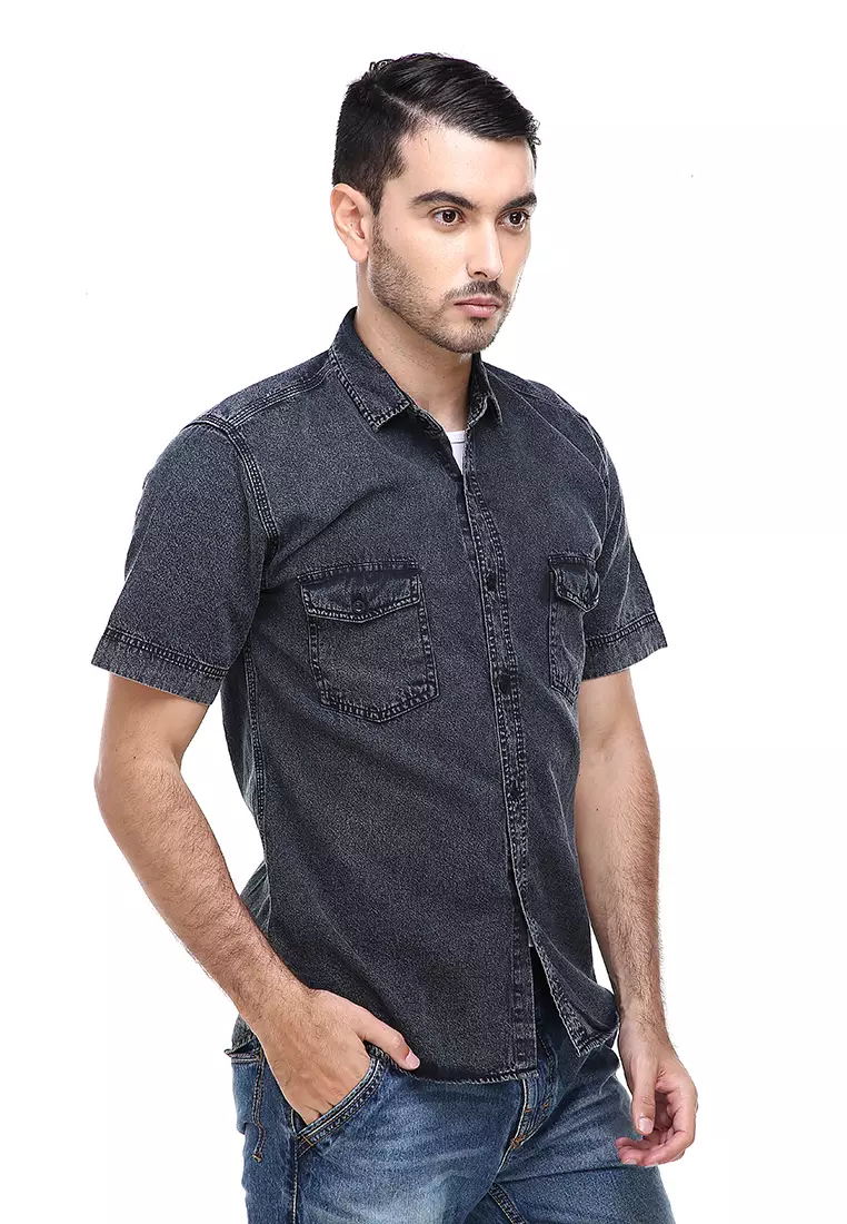 Dwan Casual Shirt Baju Kemeja Jeans Pria Lengan Pendek Material Denim ORIGINAL - Black