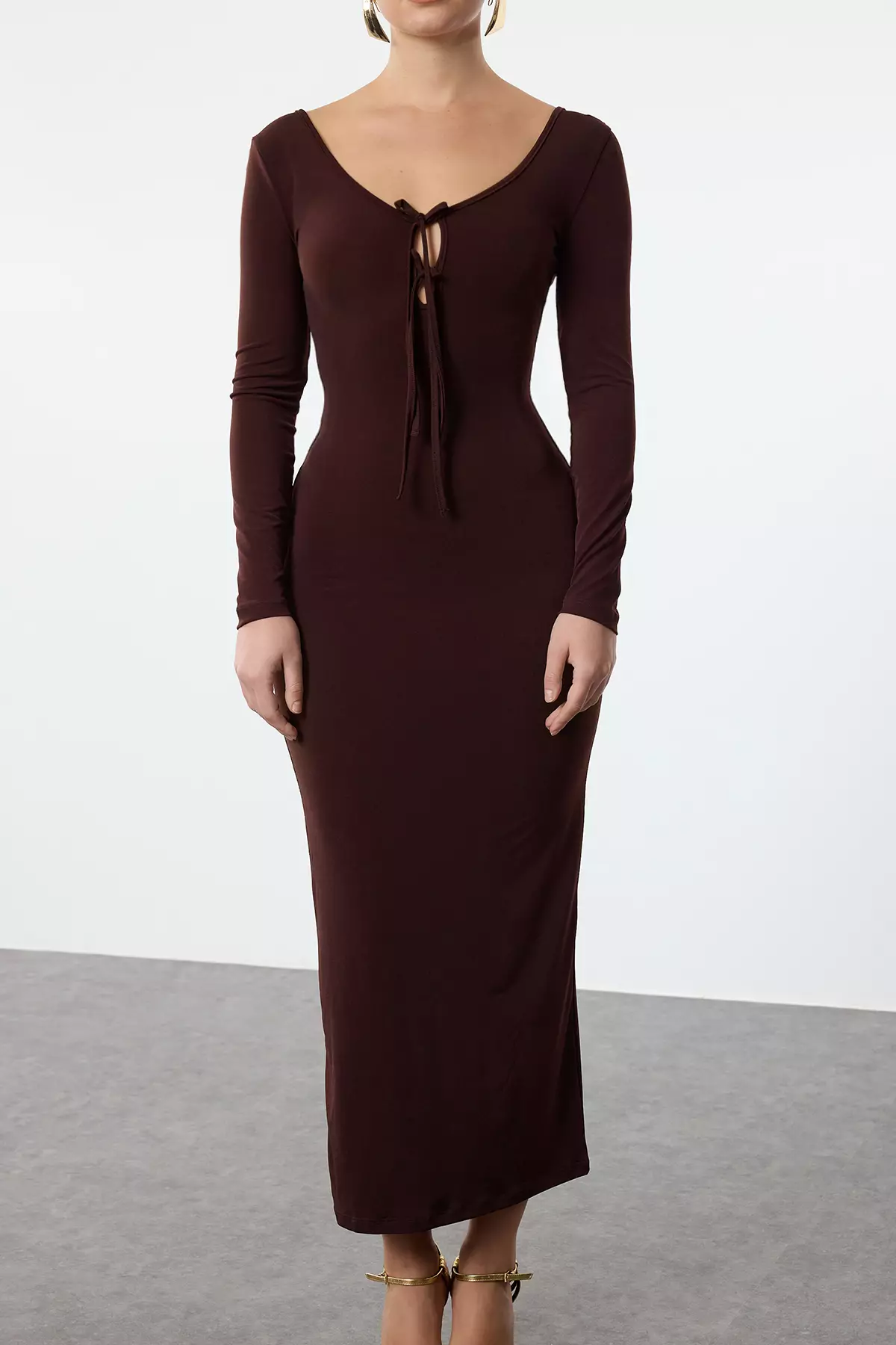 Brown Body-Styling With Chest Tie Detail Knitted Long Elegant Evening Dress