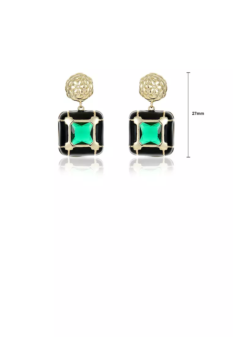 Elegant and Fashion Plated Gold Pattern Enamel Black Geometric Square Earrings with Cubic Zirconia