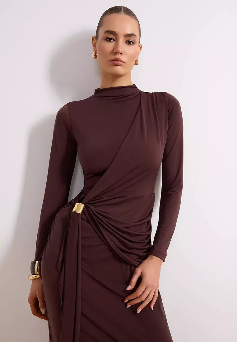 Brown Unlined Plain Knitted Buckle Detail Sandy Hijab Dress Tctss26Eb00058