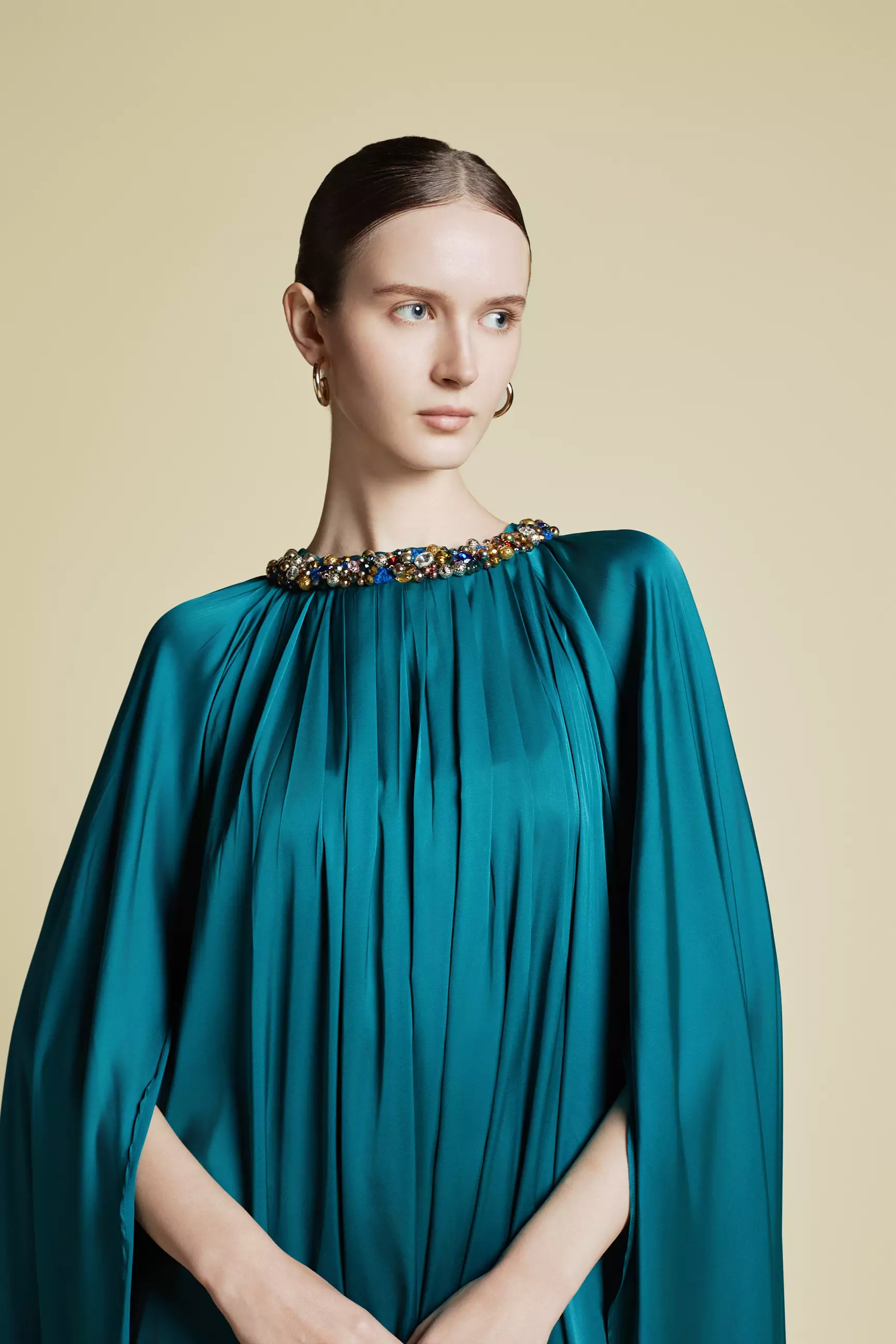 Demure Signature - Crystal Embellished Cape Kaftan in Italian silk Twill Emrald Green - Dress