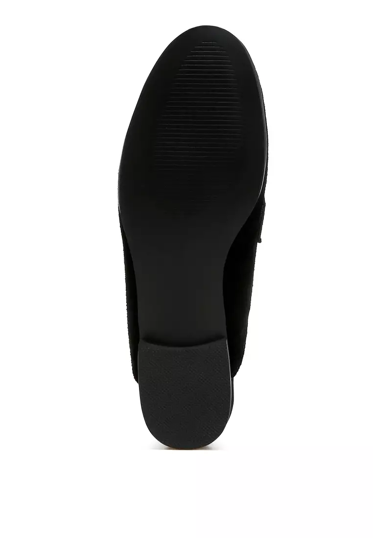 Rhinestone Strap Suede Mules in Black