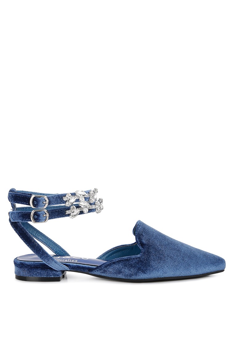 Blue Velvet Luxe Jewelled Flat Mules