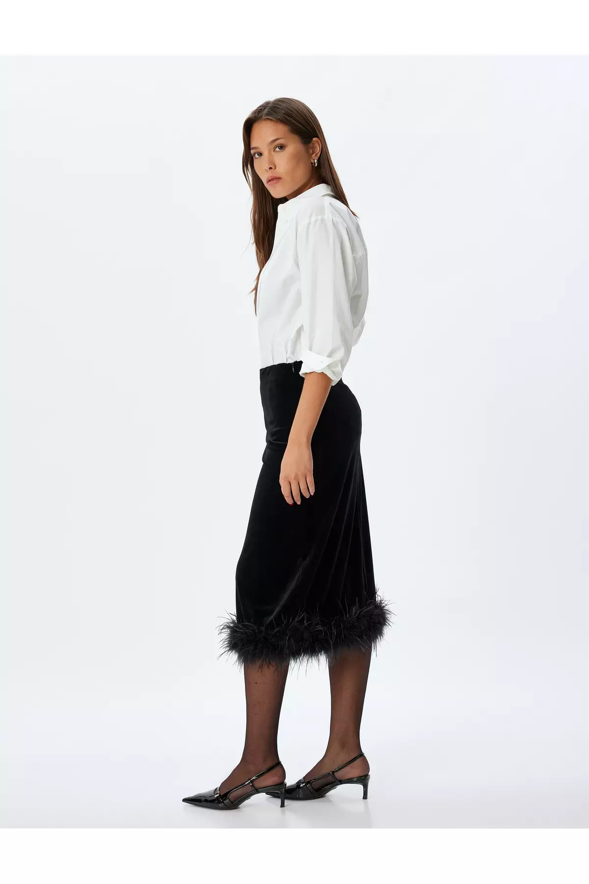 Evening Skirt Midi Velvet Feather Detail Slim Fit