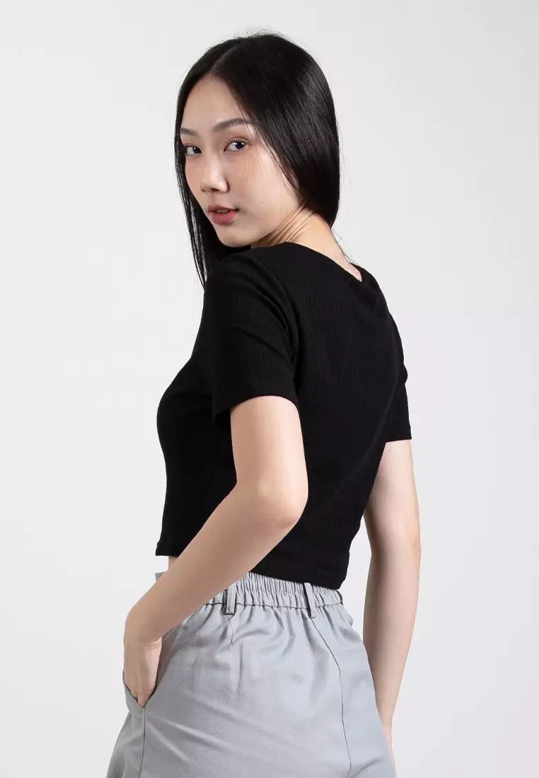Forest Ladies Casual Knit Crop Top Women Crop T-Shirt - 822357-01Black