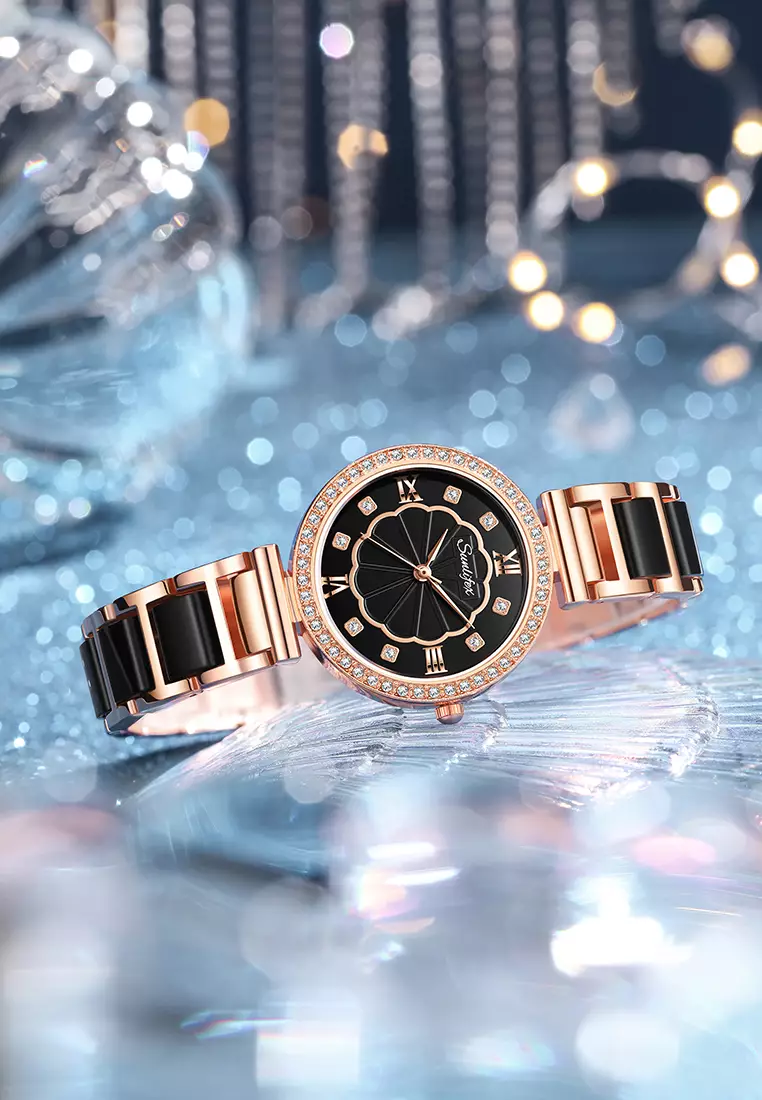 Jam Tangan Wanita 6032 Kuarsa Tali Stainless Steel Berlian Anggun Santai Jam Tangan Cewek black