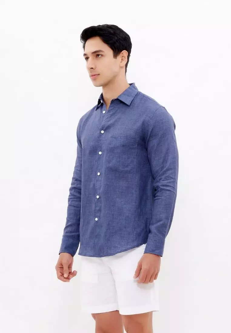 Ocean Blue Kemeja Linen Lengan Panjang Pria Navy| Linen Long Sleeve Shirt Men Navy