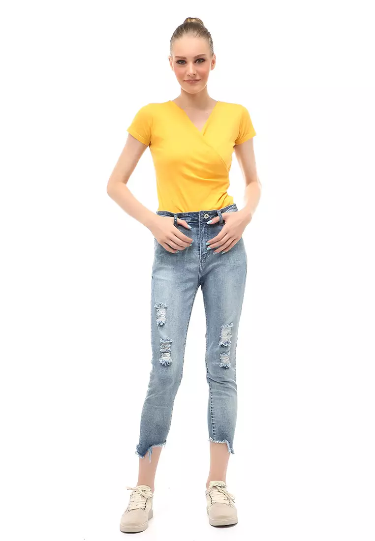 Skinny Jeans Aksen Ripped Bawahan Wanita Regular Fit - Ripped 2