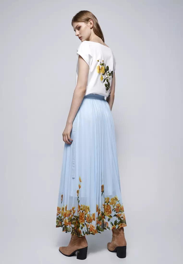 Blue Pleated Chiffon Skirt With Contrast Floral Print