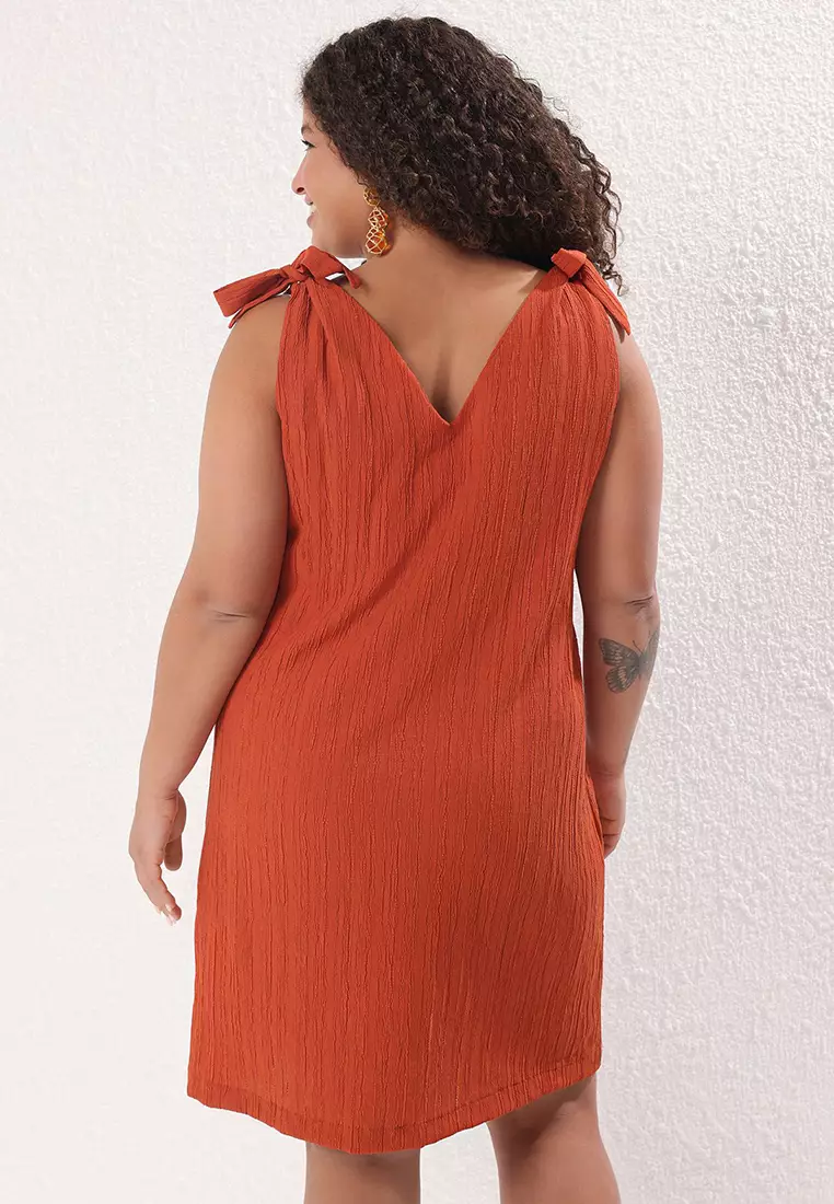 Red Bow Detail Crinkle Textured Fabric Plus Size Beach Dress TBBSS25AH00001