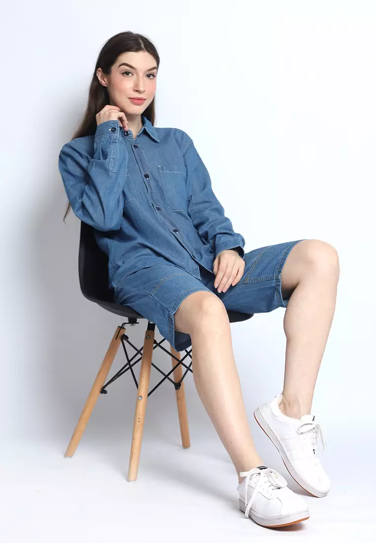 Kemeja Denim Wanita Skena L/S Krah Mandarin Saku Besar 282407