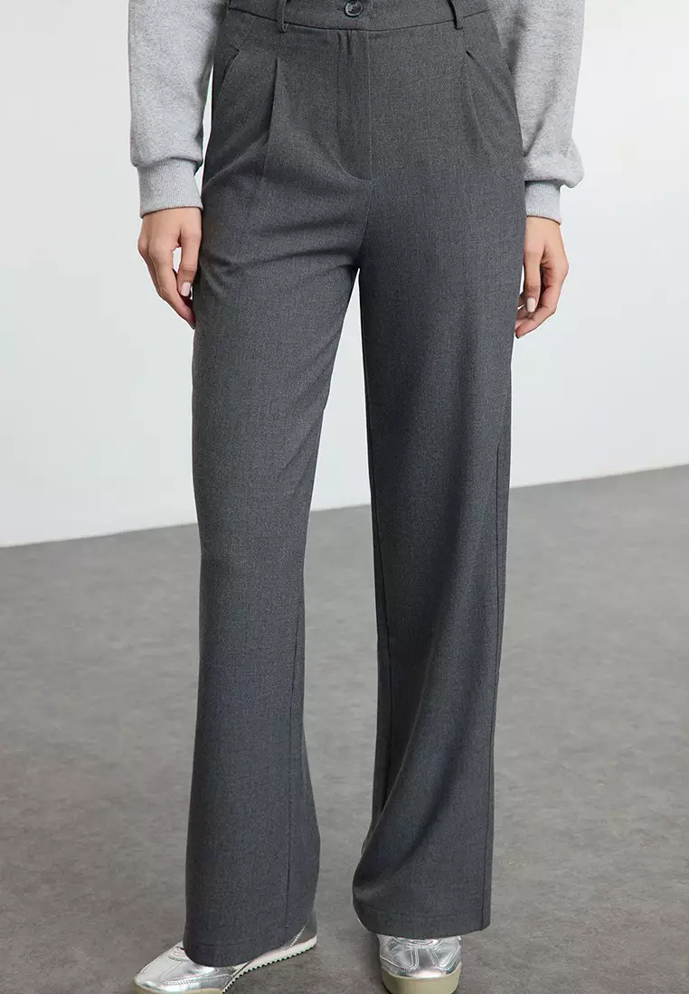 Grey Wide Leg Pleated Woven Trousers
