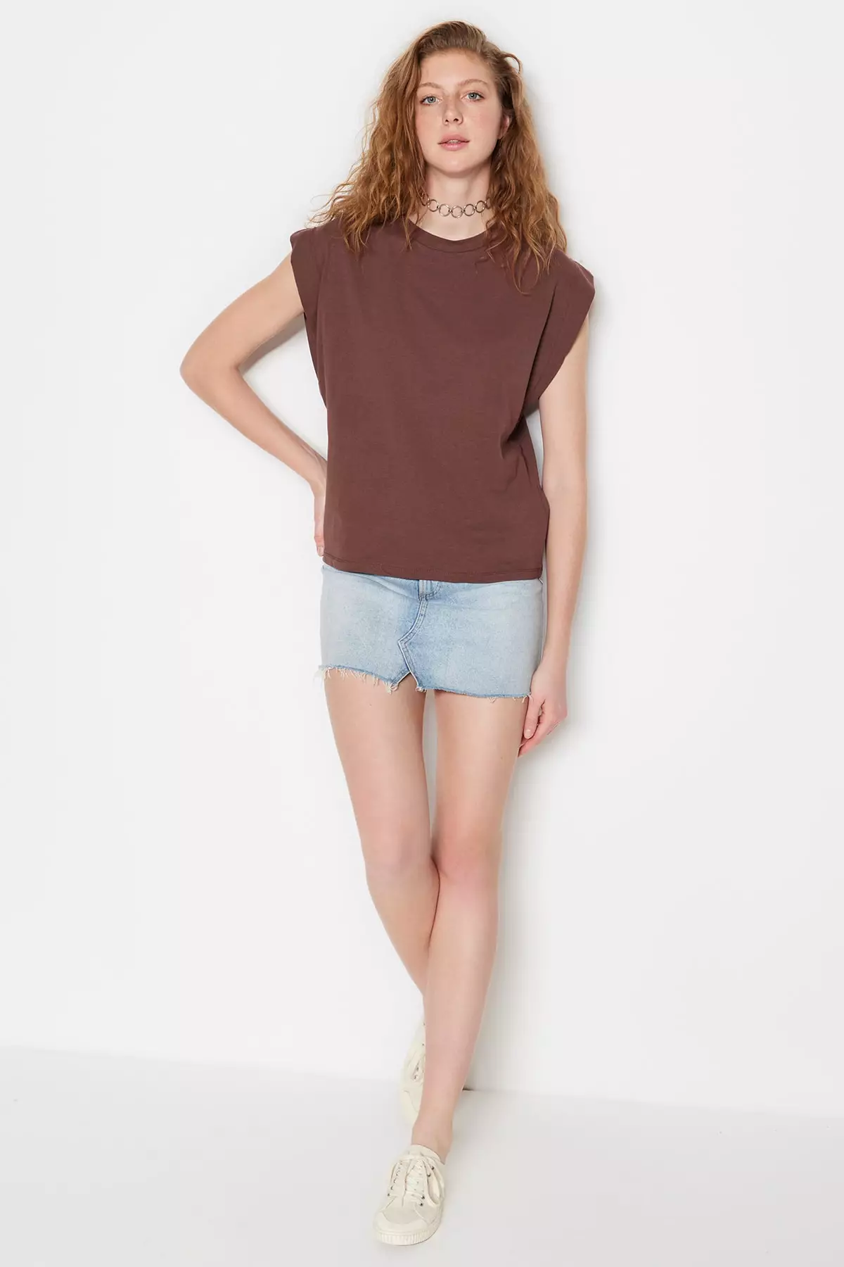Brown 100% Cotton Wadding Look Basic Crew Neck Knitted T-Shirt Twoss20Ts0021