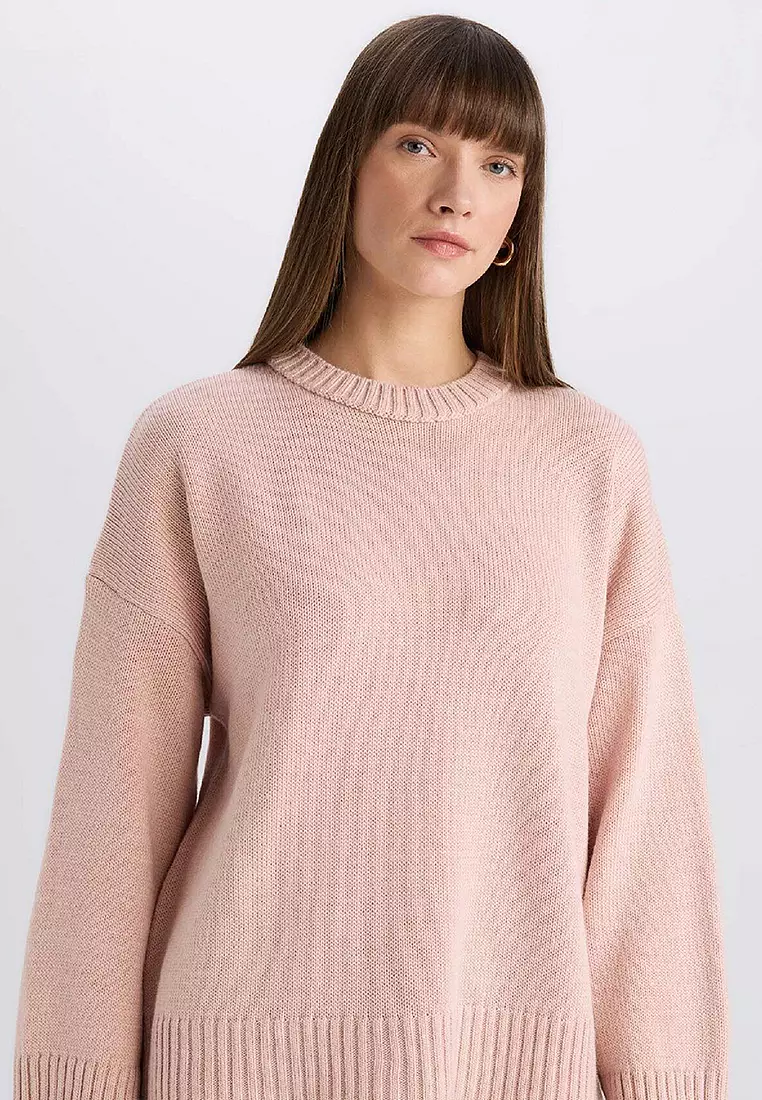 Oversize Wide Pattern Crew Neck Basic Plain Knitwear Sweater