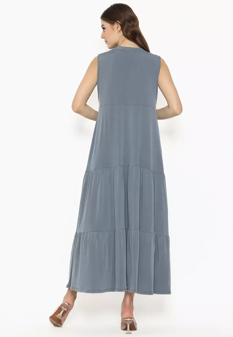 JV Hasanah Sheilla Ruffle Sleeveless Jersey Dress Grey | Gamis Kensy Susun Jersey