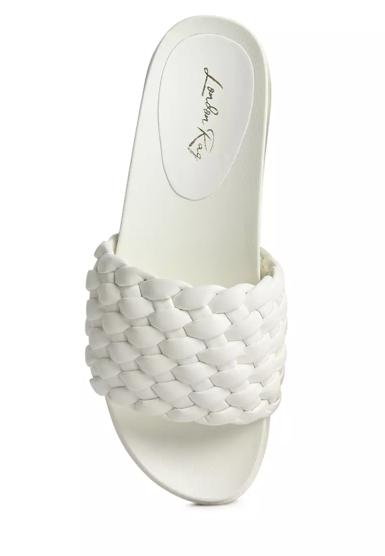 Platform Slides with Woven Textured Straps in White