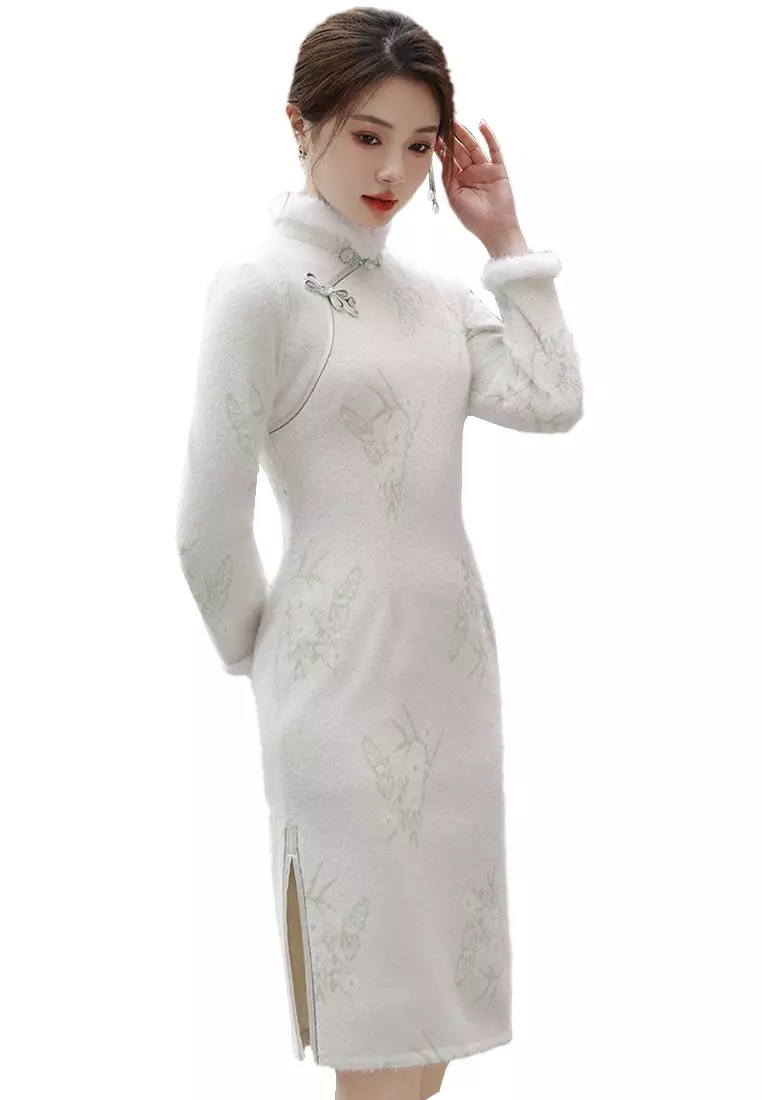 Temperament imitation mink soft mid length cheongsam dress CA122722GR