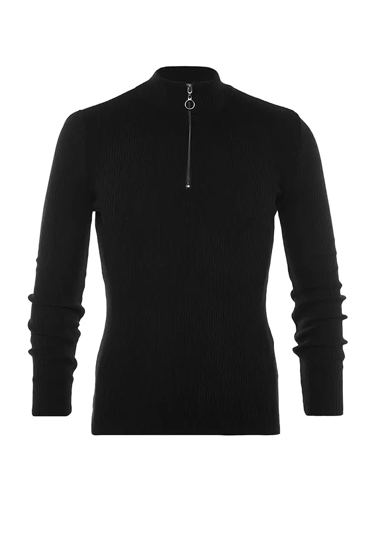 Slim Fit Half Turtleneck Zipper Corduroy Sweater