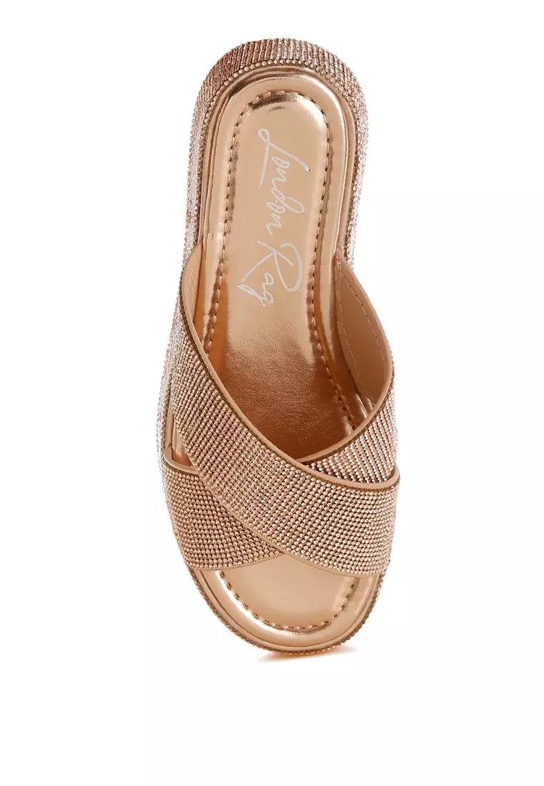 Rhinestone Embellished Flatforms In Rose Gold