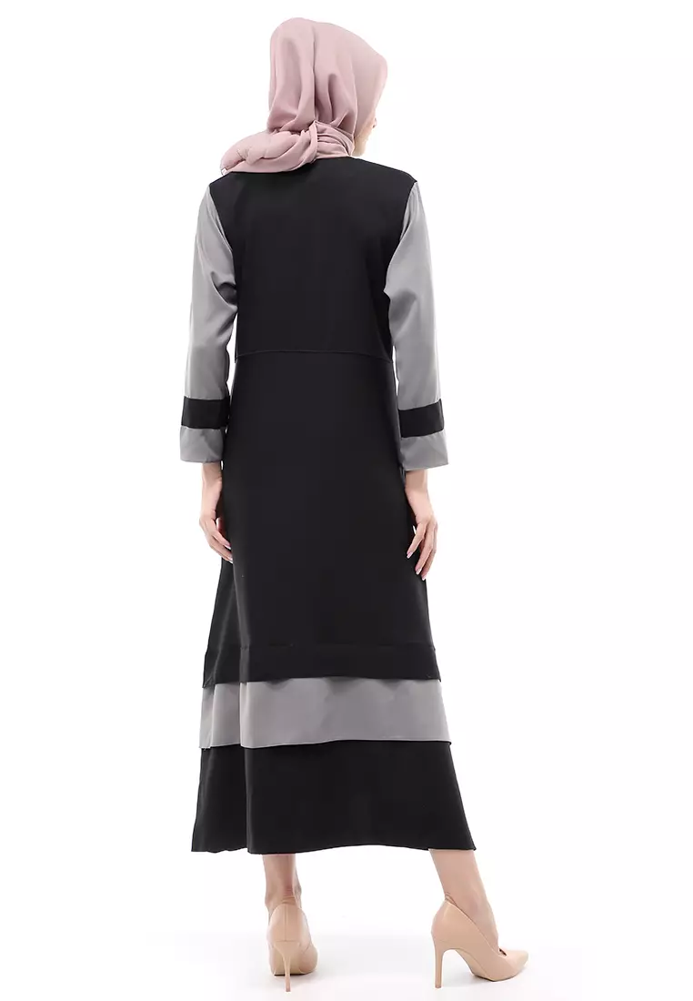 Aurel Dress Maxi Muslimah Wanita Polos Dual Tone Color Regular Fit - Black Grey