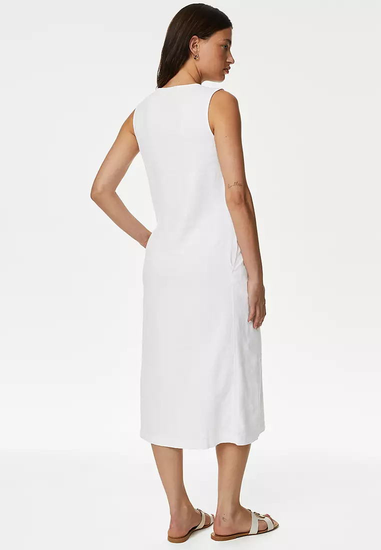 Linen Rich V-Neck Button Through Midi Dress