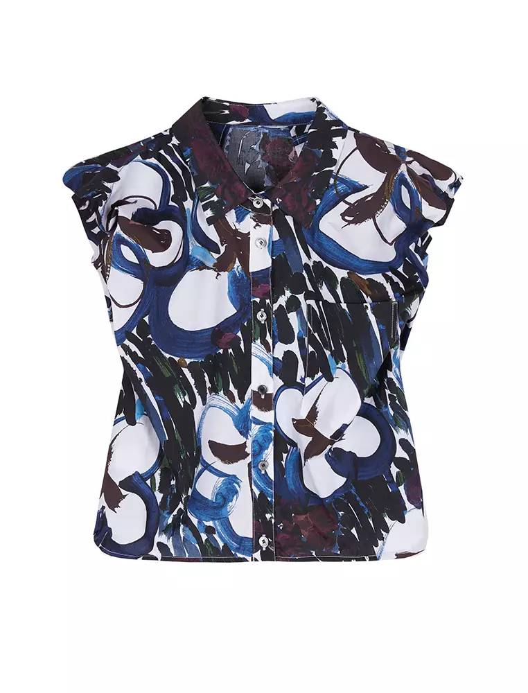 Pleated Printed Sleeveless Shirt