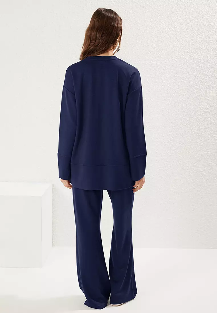 Navy Blue Soft Textured Plain Tracksuit Tctss25En00005