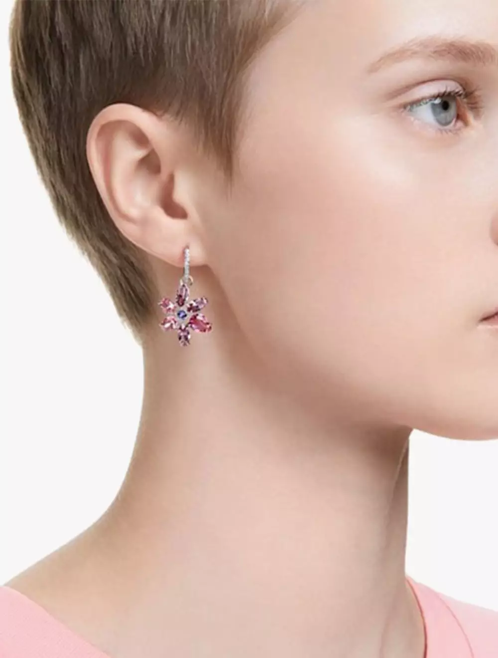 Gema Drop Earrings, Mixed Cuts, Flower, Pink, Rhodium Plated - Pink