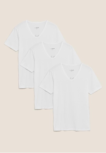 MARKS & SPENCER white M&S 3pk Cool & Fresh V-Neck T-Shirt Vests 3D795AA6031154GS_1