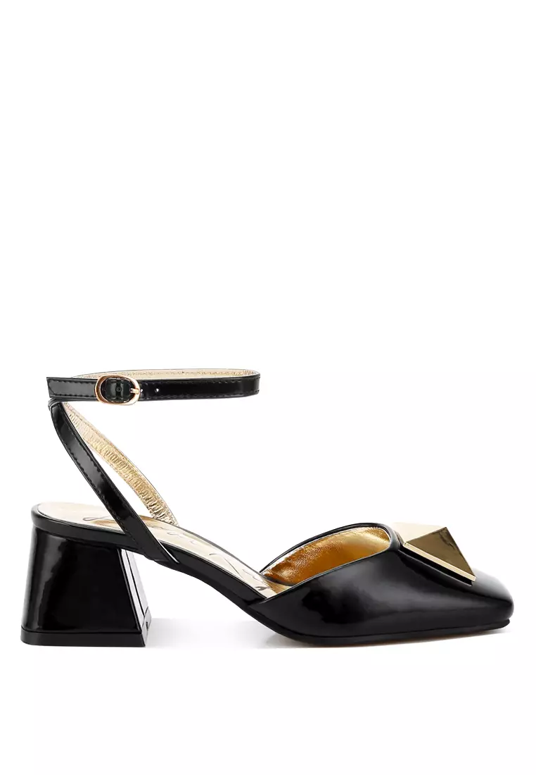 Brooch Detail Ankle Strap Sandals in Black