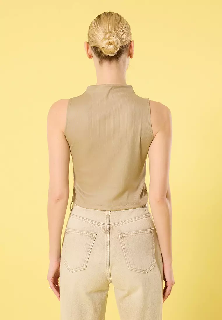 Mink Gathered Detail Regular Pattern Crop Knitted Blouse