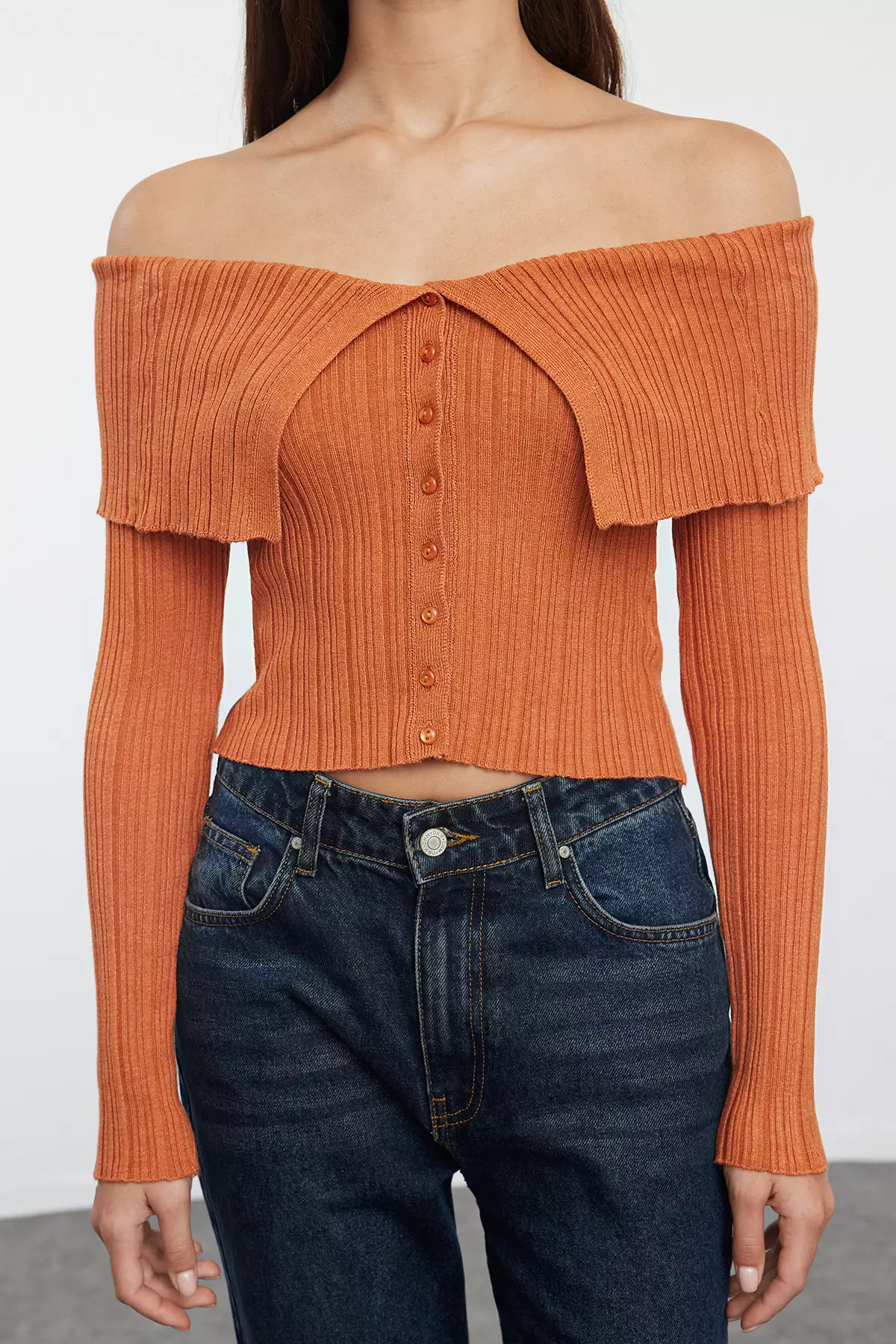 Orange Mercerized Look Crop Premium Yarn/Special Yarn Knitwear Cardigan TWOAW25HI00095