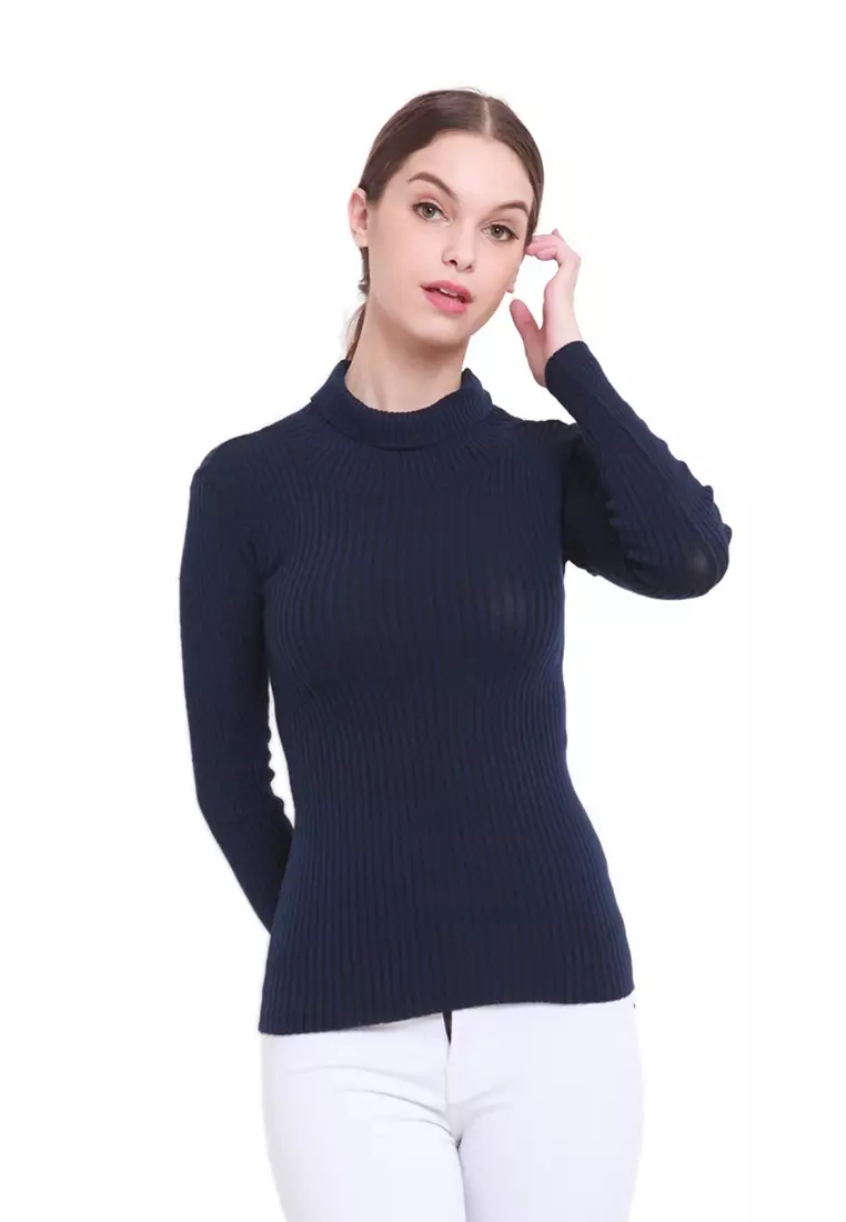 Misel Sweater Rajut Turtle Neck Long Sleeves Atasan Ribbed Wanita - Navy