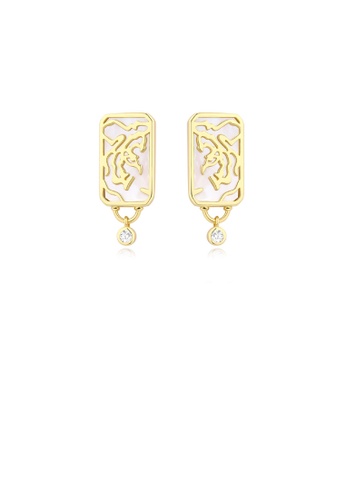 Glamorousky white 925 Sterling Silver Plated Gold Fashion Temperament Hollow Tiger Pattern Geometric Square Mother-of-pearl Earrings with Cubic Zirconia 85BF8ACF40474CGS_1