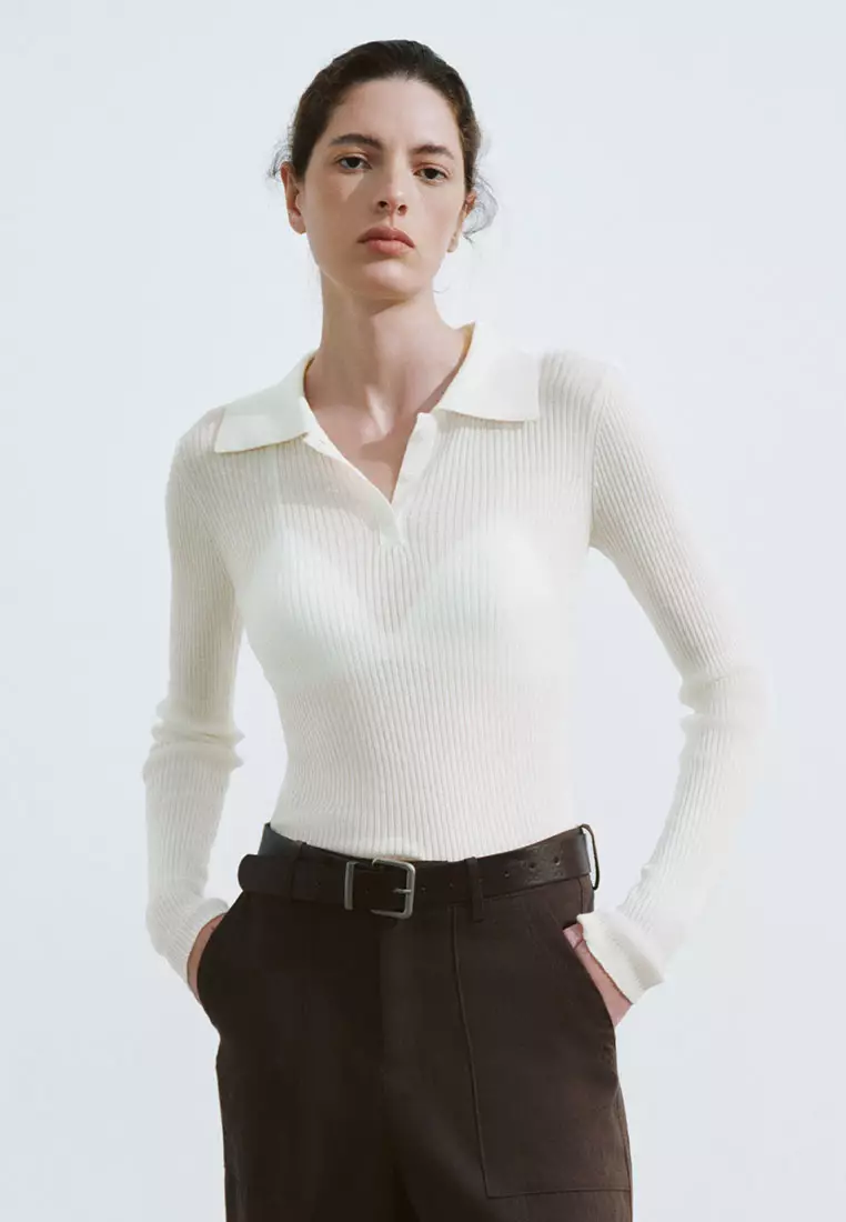 【明星同款】UR秋季新款女装纽扣翻领修身针织衫UWM940011