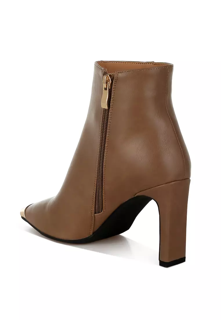 Metallic Cap Toe Faux Leather Boots in Brown