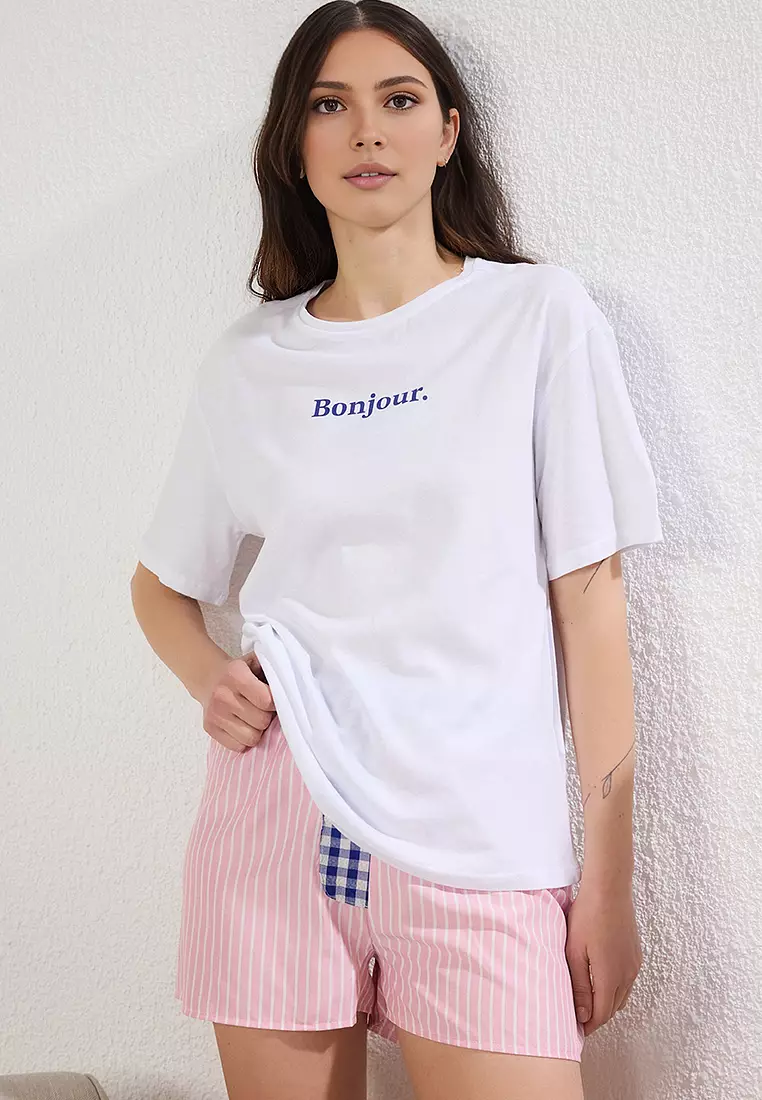 Couple White Cotton Striped Plaid Shorts Knitted Pajama Set